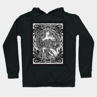 Alphonse Mucha Girl in Black and White Art Nouveau Hoodie